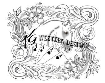 Leather Tooling Design, Playing Cards and Horse, Tracing Frame Border, Carving PDF Pattern