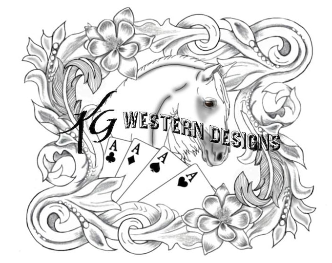 Leather Tooling Design, Playing Cards and Horse, Tracing Frame Border, Carving PDF Pattern