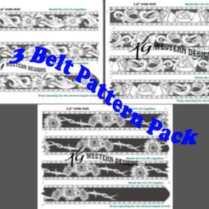 3 Leather Belts- PDF Pack- Western Floral Tooling, Roses, Sunflowers Barbwire, Pattern Designs ...