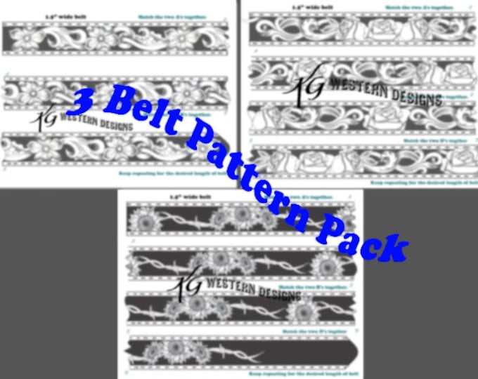 3 Leather Belts- PDF Pack- Western Floral Tooling, Roses, Sunflowers Barbwire, Pattern Designs Download