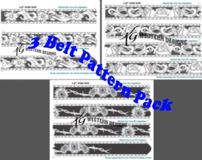 3 Leather Belts- PDF Pack- Western Floral Tooling, Roses, Sunflowers Barbwire, Pattern Designs Download