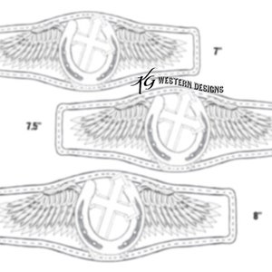 May include: A black and white line drawing of a horseshoe with wings and a cross in the center. The design is repeated three times in different sizes, with measurements of 1.5 inches and 1 inch.