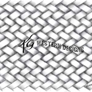 Könnte beinhalten: Ein Schwarzweißbild eines gewebten Musters. Das Muster besteht aus diagonalen Linien, die eine Reihe von Quadraten bilden. Das Bild trägt den Titel "Western Designs".