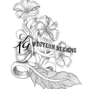 Könnte beinhalten: Eine Schwarzweiß-Zeichnung einer Feder mit drei Blumen und einer Ranken. Der Text "KG WESTERN DESIGNS" ist im Bild.