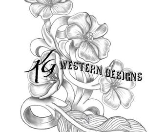 LewisFlax Floral Patch, Feather, Leather Tooling Western Tracing Design PDF Pattern