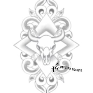 May include: A black and white line drawing of a bull skull inside a diamond shape with a decorative floral design around it. The text "Western Designs" is at the bottom of the image.