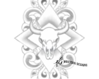 Western-Scrolls-Aztec-Diamond-Cowskull- Leather Tooling Tracing Design Pattern