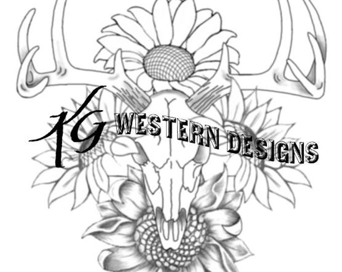 Elk skull, Antlers, Sunflowers, Leather Tooling Tracing Design Pattern PDF