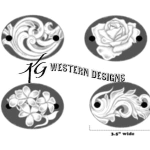 May include: Four black and white designs for leather tooling. The designs include a rose, a floral pattern, a wave pattern, and a floral pattern with leaves.  The designs are 3.5 inches wide.  KG Western Designs.
