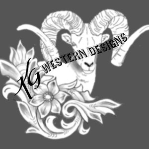 May include: Black and white illustration of a ram's head with large curved horns, set against a gray background. The design includes floral and scroll elements, with the text "WESTERN DESIGNS" across the image.