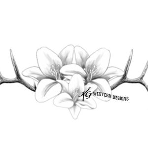 May include: Black and white line drawing of a floral arrangement with antlers. The flowers are stylized and resemble lilies. The antlers are simple and curved. The text "Western Designs" is below the flowers.