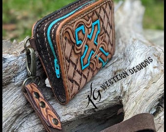 Leather Tooled Wrist Wallet Pocket PDF Pattern Template with Cross and Basketweave Tooling Design and Instructions