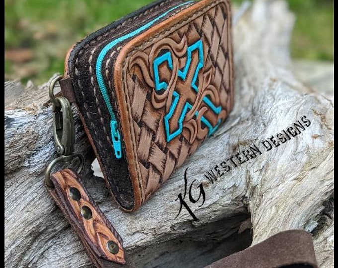 Leather Tooled Wrist Wallet Pocket PDF Pattern Template with Cross and Basketweave Tooling Design and Instructions
