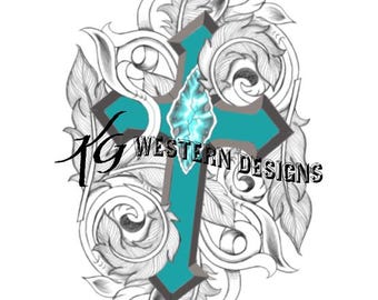 Western Cross, Feathers, Vines and Turquoise Stone, Leather Tooling Design Pattern