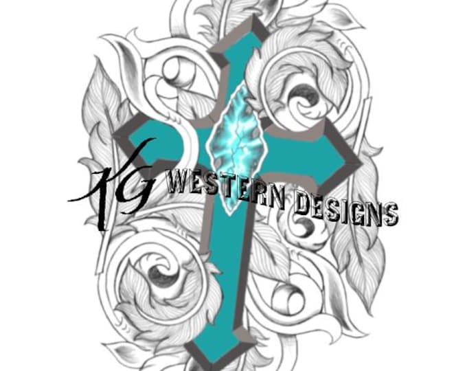 Western Cross, Feathers, Vines and Turquoise Stone, Leather Tooling Design Pattern