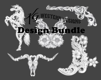 5 Western Filigree Design Bundle Pack, Boot, Cow Skull, Colt 45, Horse, Butterfly, Carving Leather Tooling Tracing Patterns