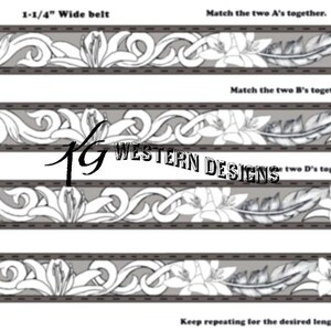Könnte beinhalten: Diagramm für ein 3,18 cm breites Gürteldesign. Das Design zeigt florale und Feder-Muster in Weiß vor grauem Hintergrund. Der Text "19 Western Designs" ist ebenfalls vorhanden.