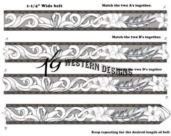 Leather Belt Pattern, Western Scrollwork, Vines, Feathers, Tiger Lilly Flowers Tooling Design Pattern PDF Download