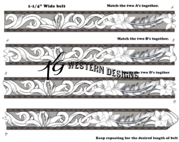 Leather Belt Pattern, Western Scrollwork, Vines, Feathers, Tiger Lilly Flowers Tooling Design Pattern PDF Download