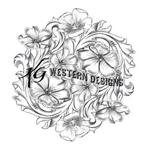 May include: Black and white line drawing of a floral design with the text "KG Western Designs".