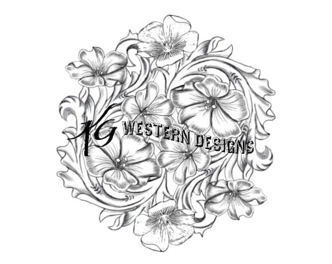LewisFlax Floral Patch, Leather Tooling Western Scroll-Vines Tracing Design PDF Pattern Download