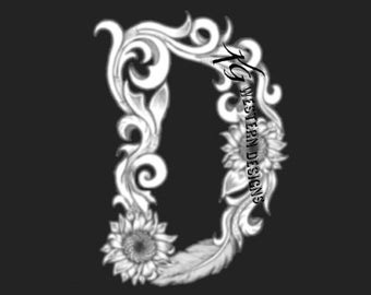 Letter D - Leather Tooling- Feathers-Vines & Sunflowers Filigree Tracing Design PDF Pattern