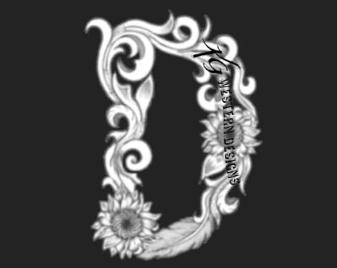 Letter D - Leather Tooling- Feathers-Vines & Sunflowers Filigree Tracing Design PDF Pattern
