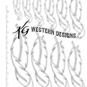 May include: A set of eight black and white feather designs. The feathers are stylized and have a twisted or curled appearance. The designs are arranged in a vertical row. The text "KG WESTERN DESIGNS" is at the bottom of the image.