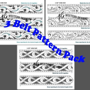May include: Three printable leather belt patterns for 1 1/2 inch wide belts. The patterns feature intricate floral and wave designs. Each pattern includes instructions for matching the pieces together and repeating the design for the desired length of the belt.