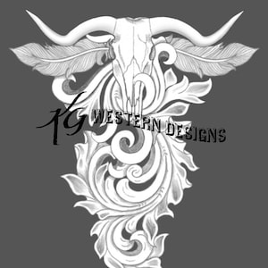 Leather Tooling Western Longhorn Cow Skull Feathers Vines-Tracing Pattern Design PDF