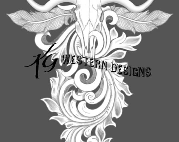 Leather Tooling Western Longhorn Cow Skull Feathers Vines-Tracing Pattern Design PDF