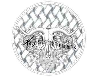 Leather Tooling Western Longhorn Cow Skull Round Purse Rope Can Tracing Template Pattern Design