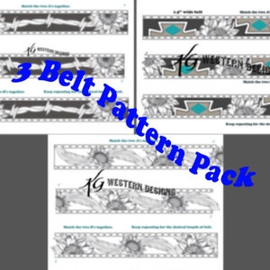 May include: Three printable belt patterns featuring sunflower and barbed wire designs. The patterns are labeled "1/4 Western Designs" and include instructions for matching the pieces together.