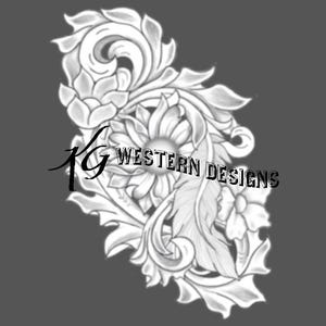 May include: Black and white line art design of a floral motif with a sunflower and leaves. The design includes the text "KG WESTERN DESIGNS".