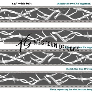 Könnte beinhalten: Anleitung zum Erstellen eines 3,8 cm breiten Gürtels mit einem Muster aus Stacheldraht und Geweih. Die Anleitung zeigt, wie die Musterteile zusammengefügt werden, um ein durchgehendes Design zu erstellen.