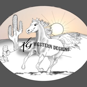 May include: A black and white line drawing of a horse running through a desert landscape with a cactus and a rising sun in the background. The text "KG Western Designs" is visible in the lower right corner of the image.