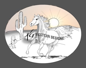 Sunset Desert Sand Dunes Cactus Scene - Running Horse- Western Scrollwork Carving Tracing Design Pattern Download
