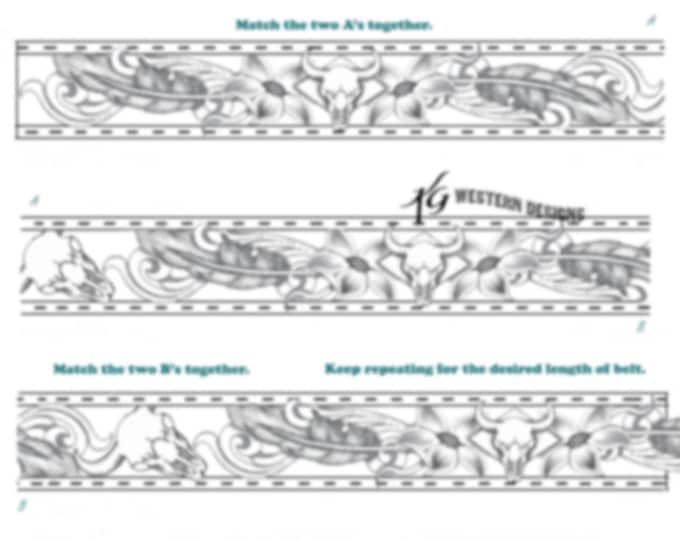 Leather Belt Tooling Pattern- Cowskull, Feathers + Flowers Design Pattern Download