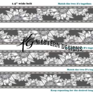 Op de afbeelding: Een digitaal ontwerp voor een 3,8 cm brede riem met een herhalend patroon van witte zonnebloemen op een donkergrijze achtergrond. Het ontwerp bevat instructies voor het aan elkaar passen van de patroondelen.