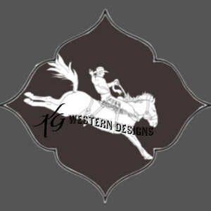 May include: A black and white illustration of a cowboy riding a horse, set against a brown diamond-shaped background. The text "KG WESTERN DESIGNS" is below the horse.