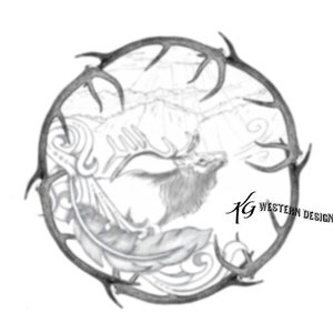 May include: A black and white illustration of an elk with antlers, a feather, and a mountain range in the background. The image is surrounded by a circle of antlers.