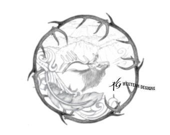 Elk Antlers and Mountains Scene Feathers Vines Rope Can Round Purse Carving Tracing Design Pattern