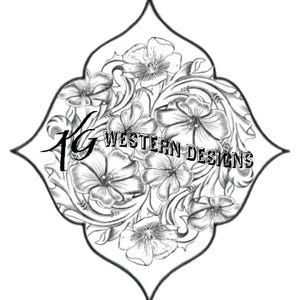 May include: Black and white line art design of a floral pattern with the text "KG WESTERN DESIGNS" in the center.