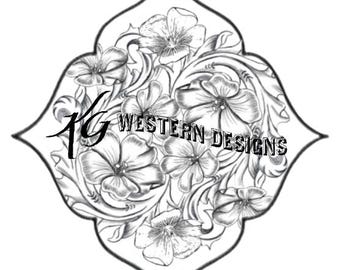 LewisFlax Floral Patch Diamond Framing Leather Tooling Western Scroll-Vines Tracing Design PDF Pattern
