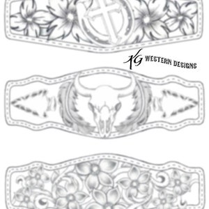 Leather Tooling Bracelet/Cuff Pattern Pack #12 Horseshoe, Cross, Flowers, Cowskull, Feathers, Arrowheads, Flowers, Vines