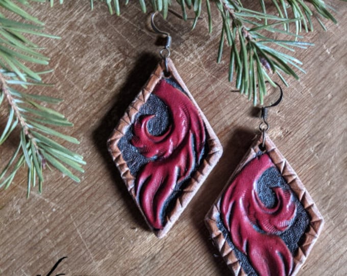 Hand Tooled Leather Carved Scroll Earrings