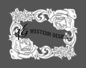 Western Leather Tooling Rose- Floral Scrollwork Corner Frame Design Tracing Tooling Pattern