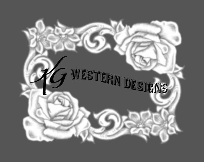 Western Leather Tooling Rose- Floral Scrollwork Corner Frame Design Tracing Tooling Pattern
