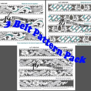 May include: Three printable leather belt patterns. Each pattern is 1.5 inches wide and features a different design. The patterns are black and white and include instructions for repeating the design for the desired length of the belt.