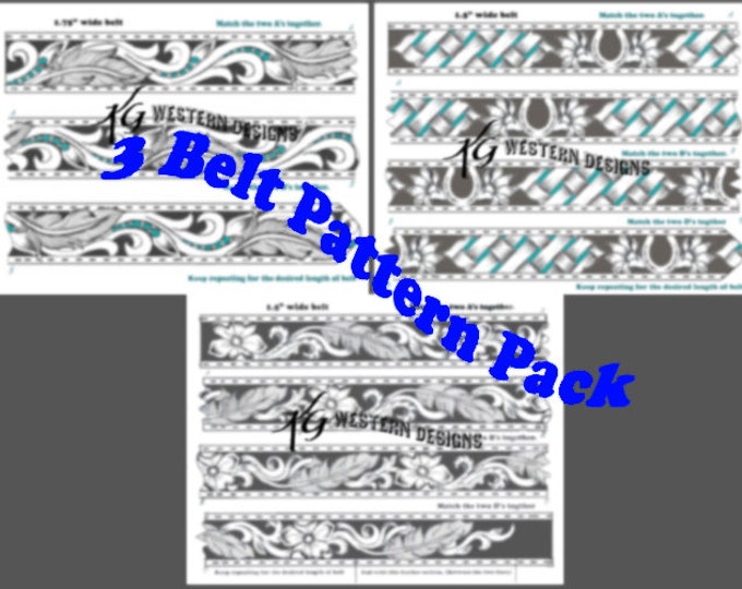 3 Leather Belts- PDF Pack- Western Tooling, BasketWeave & Horseshoes, Feathers and Vines, Floral with Feathers, Pattern Designs Download